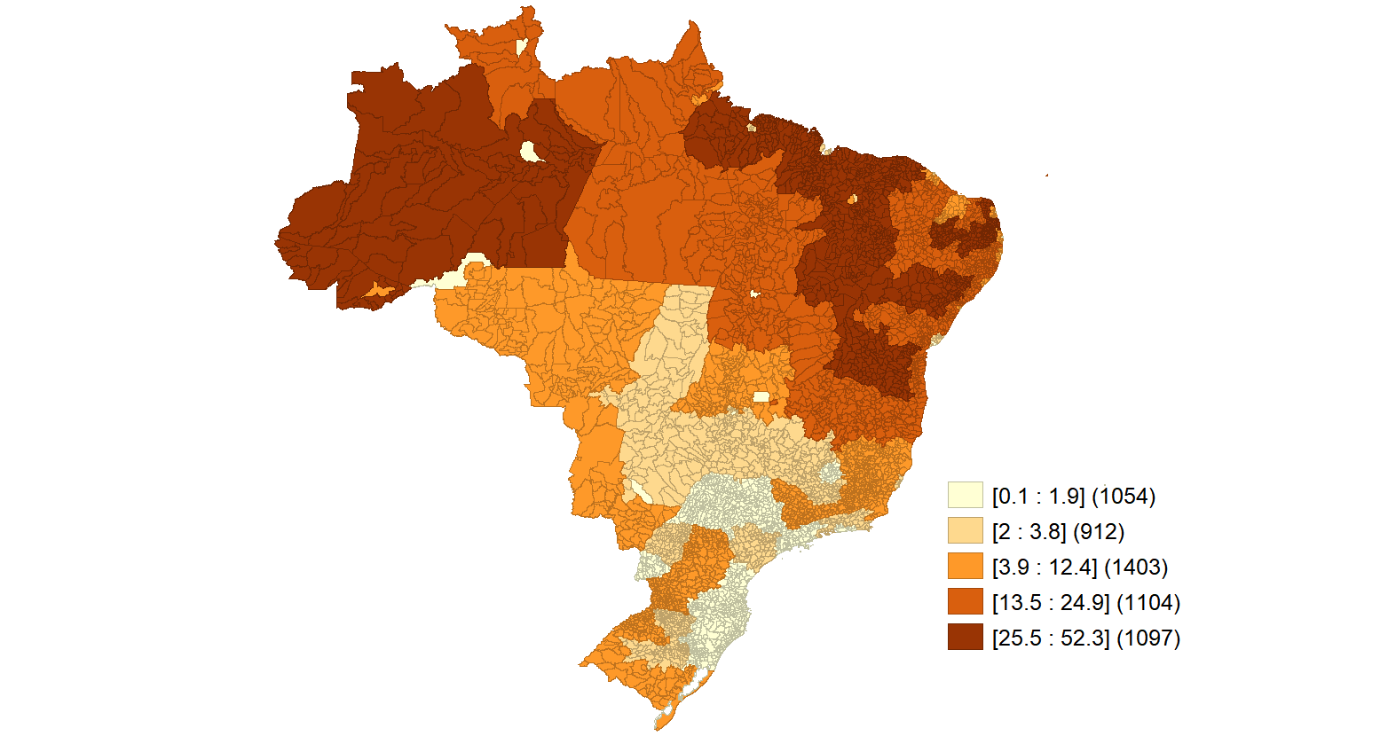 Mapa do Brasil com incidência de pobreza multidimensional segundo estratos geográficos da PNAD Contínua em 2022